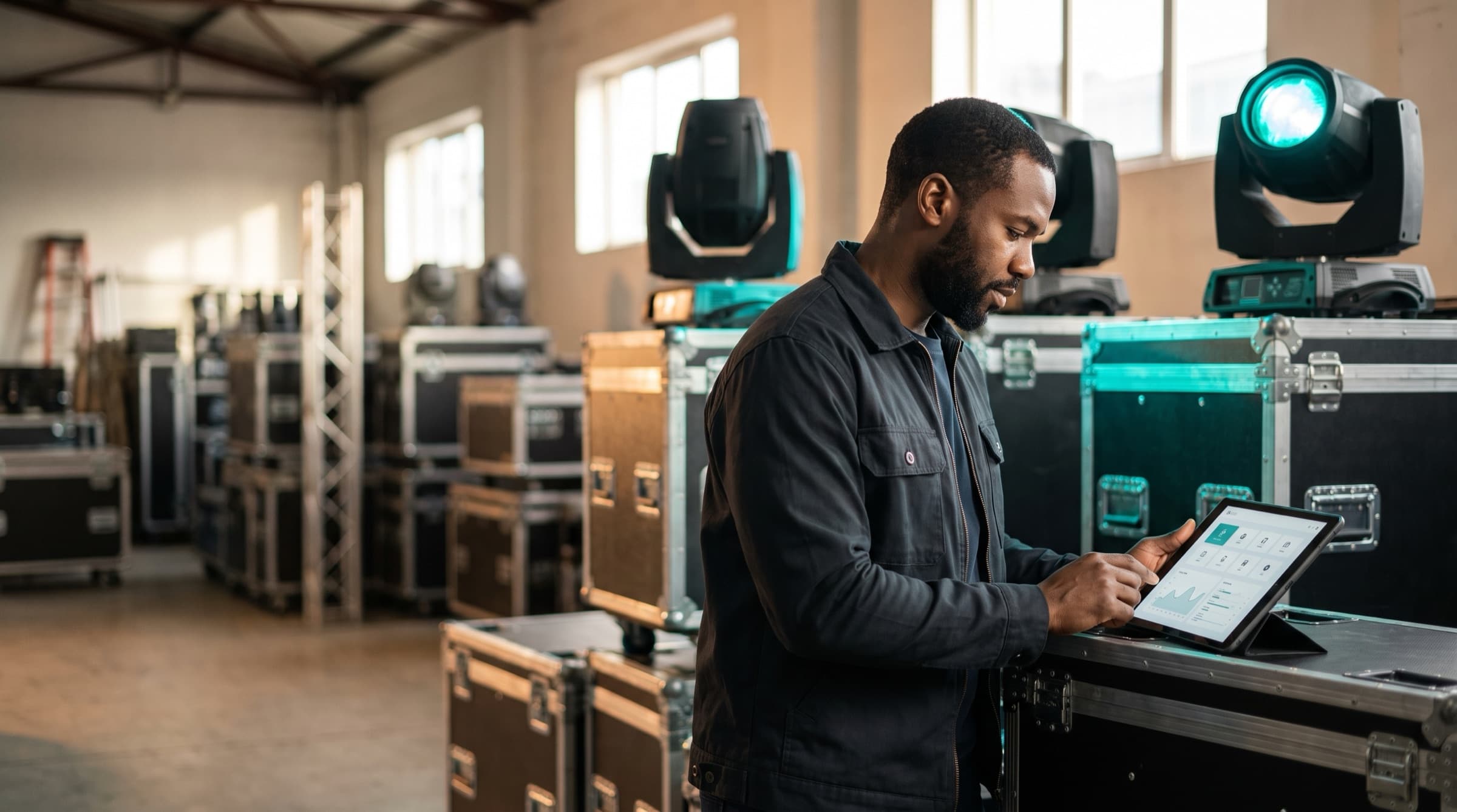 An AV rental owner checks a gear list on his tablet in a warehouse of road cases and stage lights
