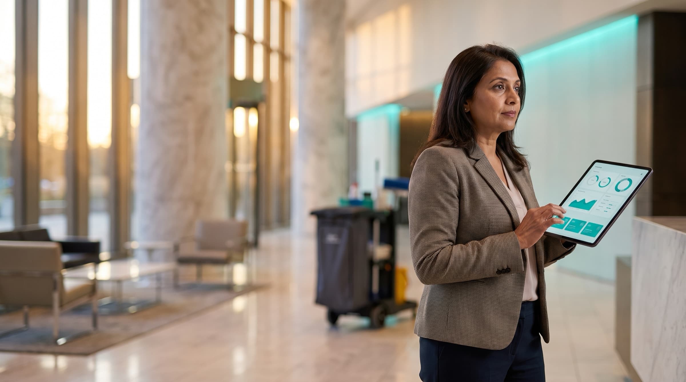 A commercial cleaning operations manager checks site details on her tablet in an office lobby