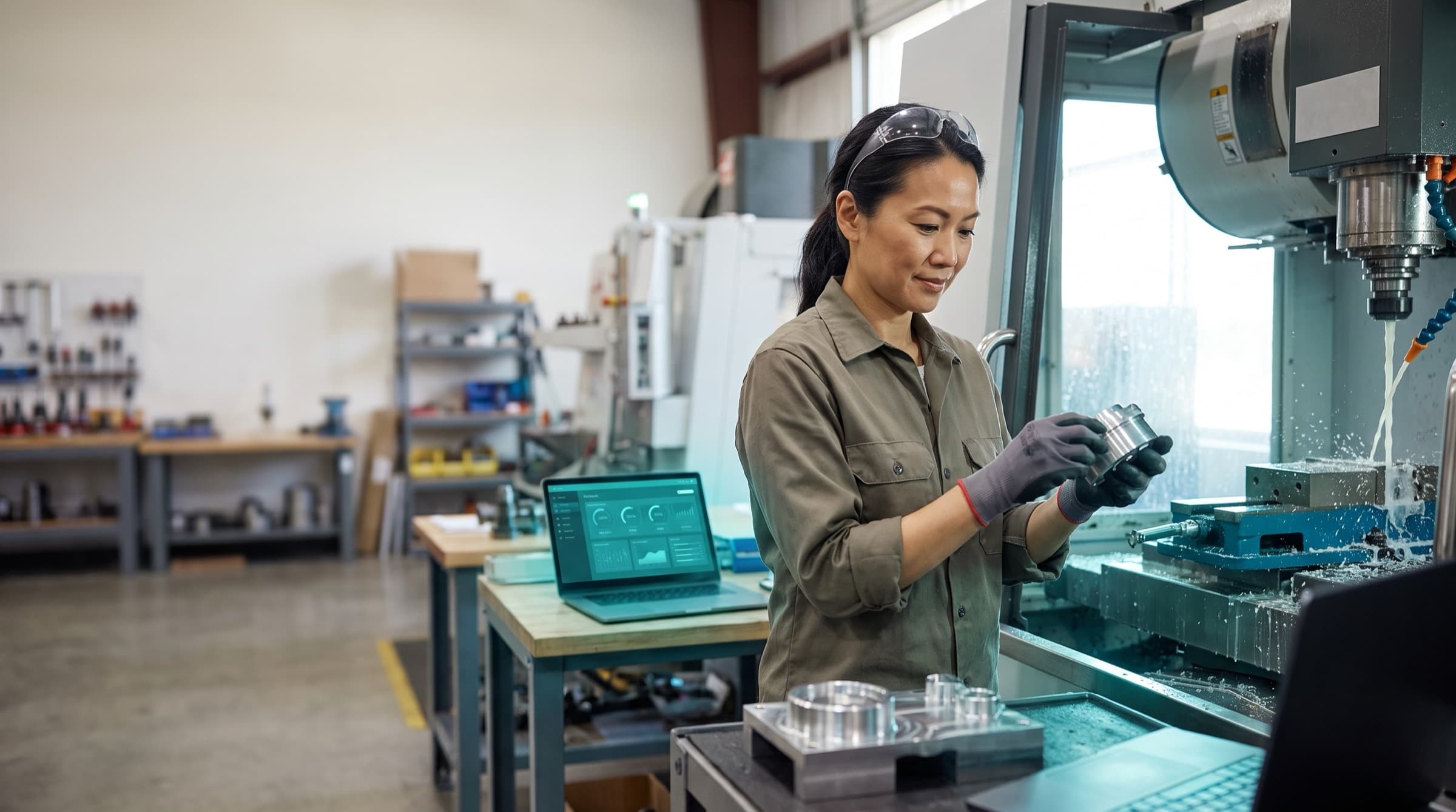 A machine shop owner reviews a quote on her laptop beside a CNC machine