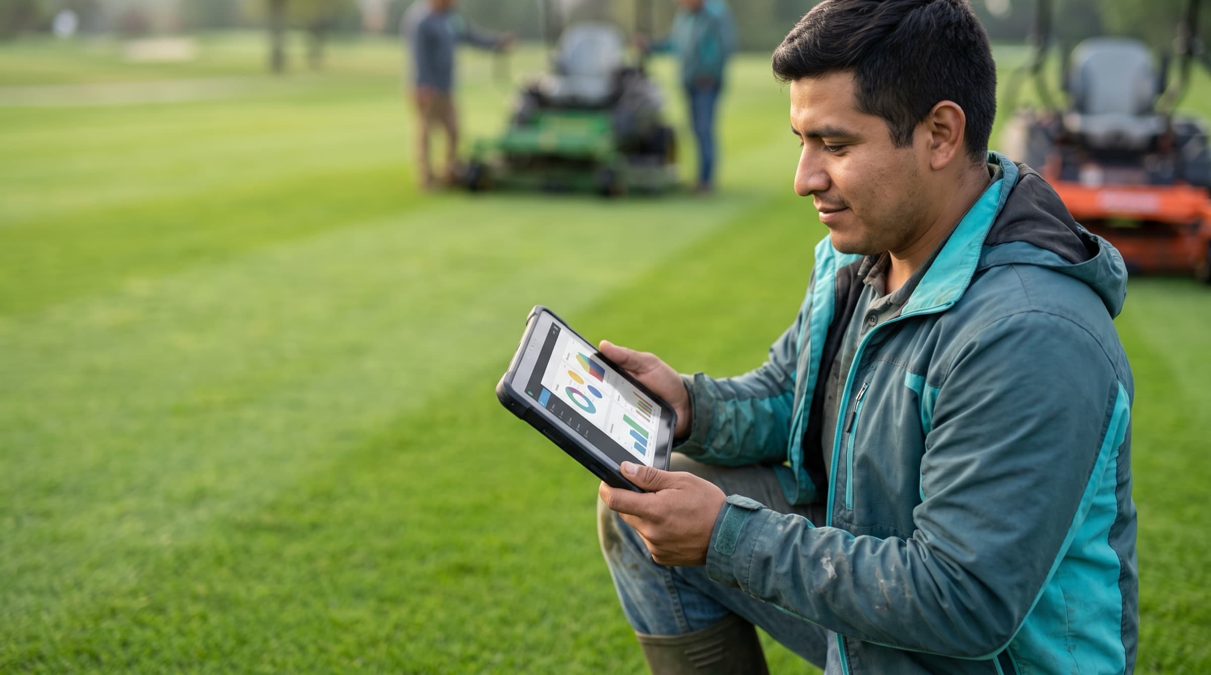 A landscaping crew lead checks the day's work on a commercial property lawn