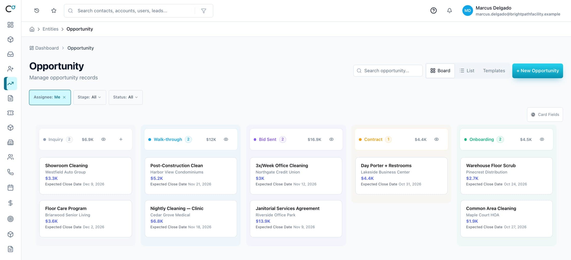 A commercial cleaning pipeline board: Inquiry, Walk-through, Bid Sent, Contract, Onboarding