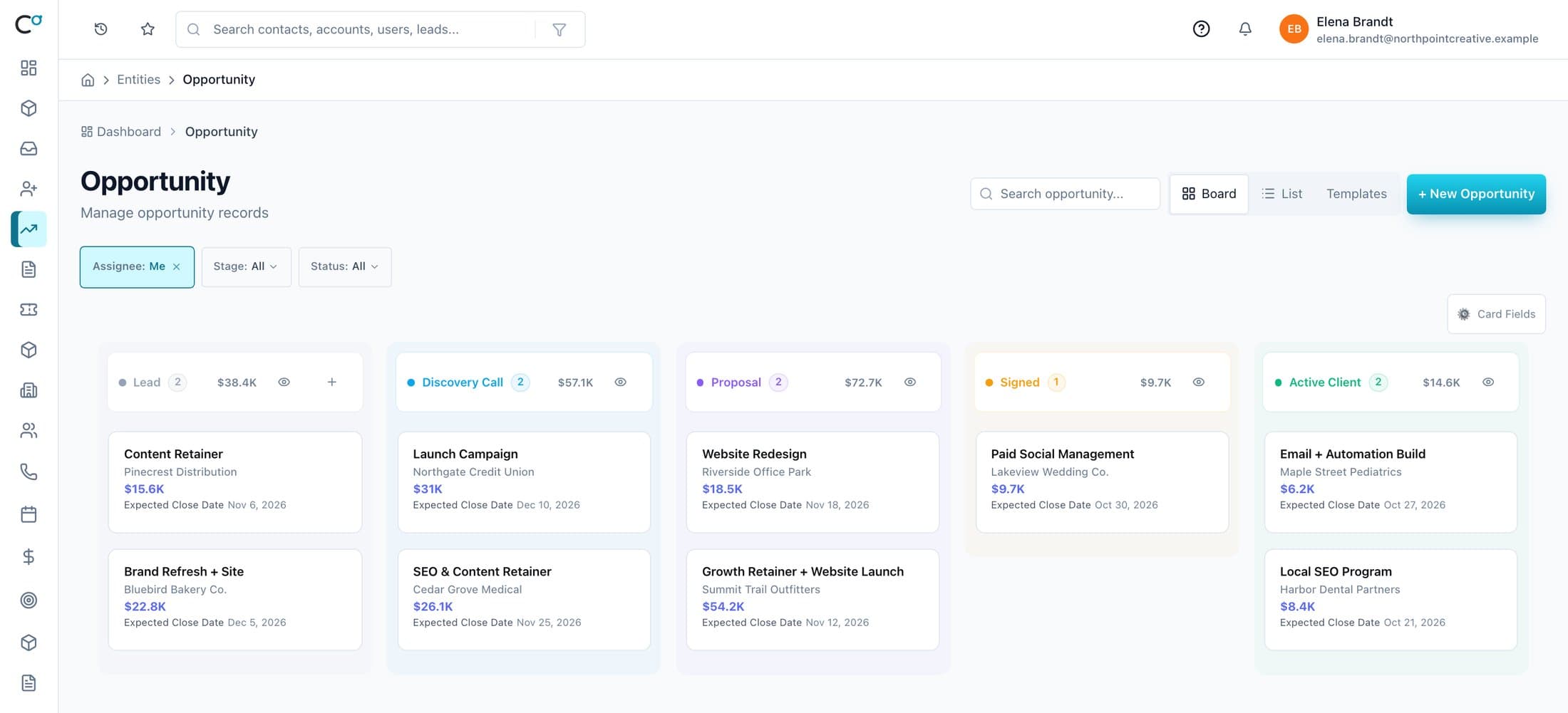 An agency pipeline board: Lead, Discovery Call, Proposal, Signed, Active Client
