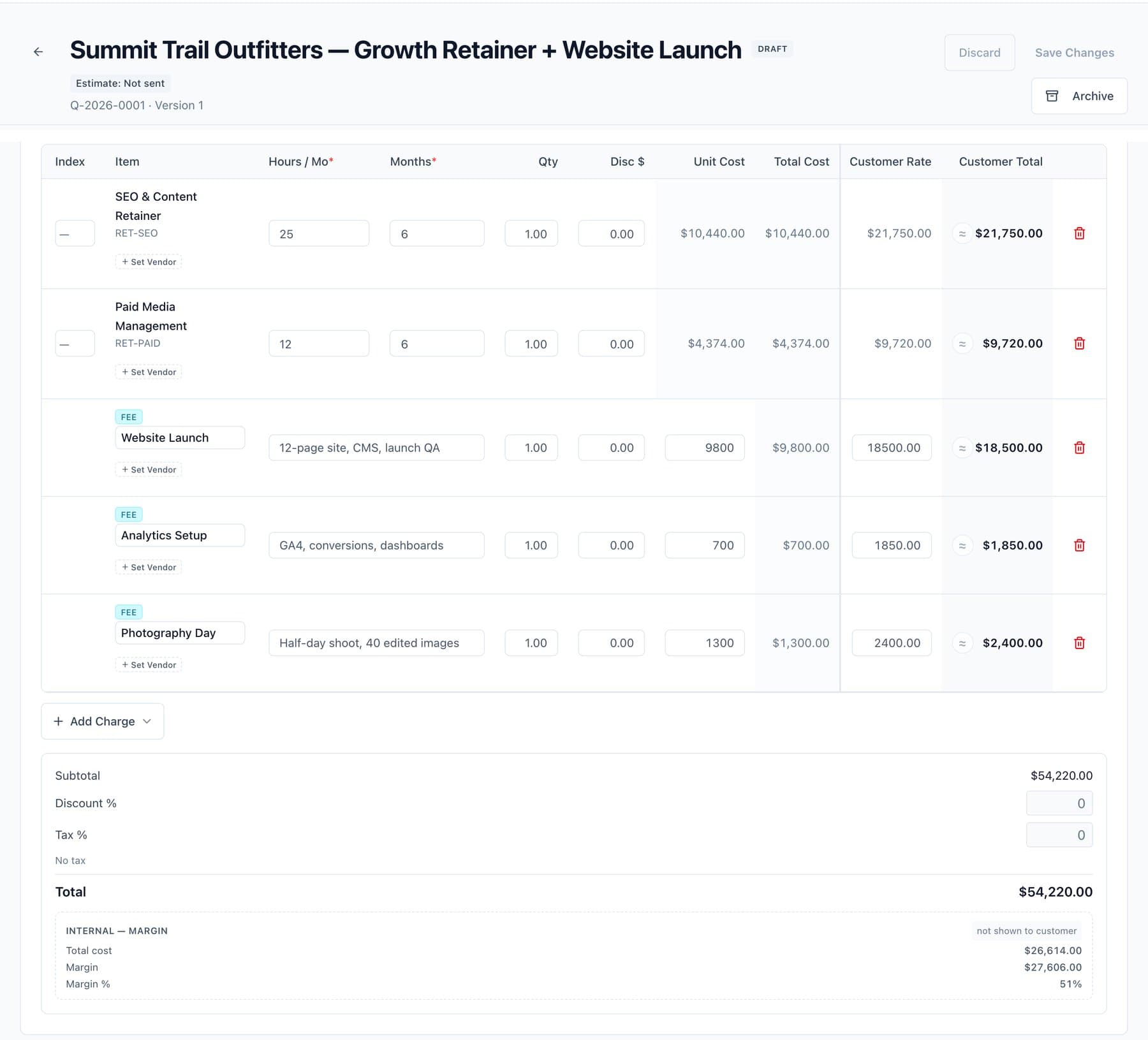 An agency proposal in Coeffection: an SEO and content retainer and paid media management priced by hours per month and months, a website launch, analytics setup and a photography day, with the internal margin