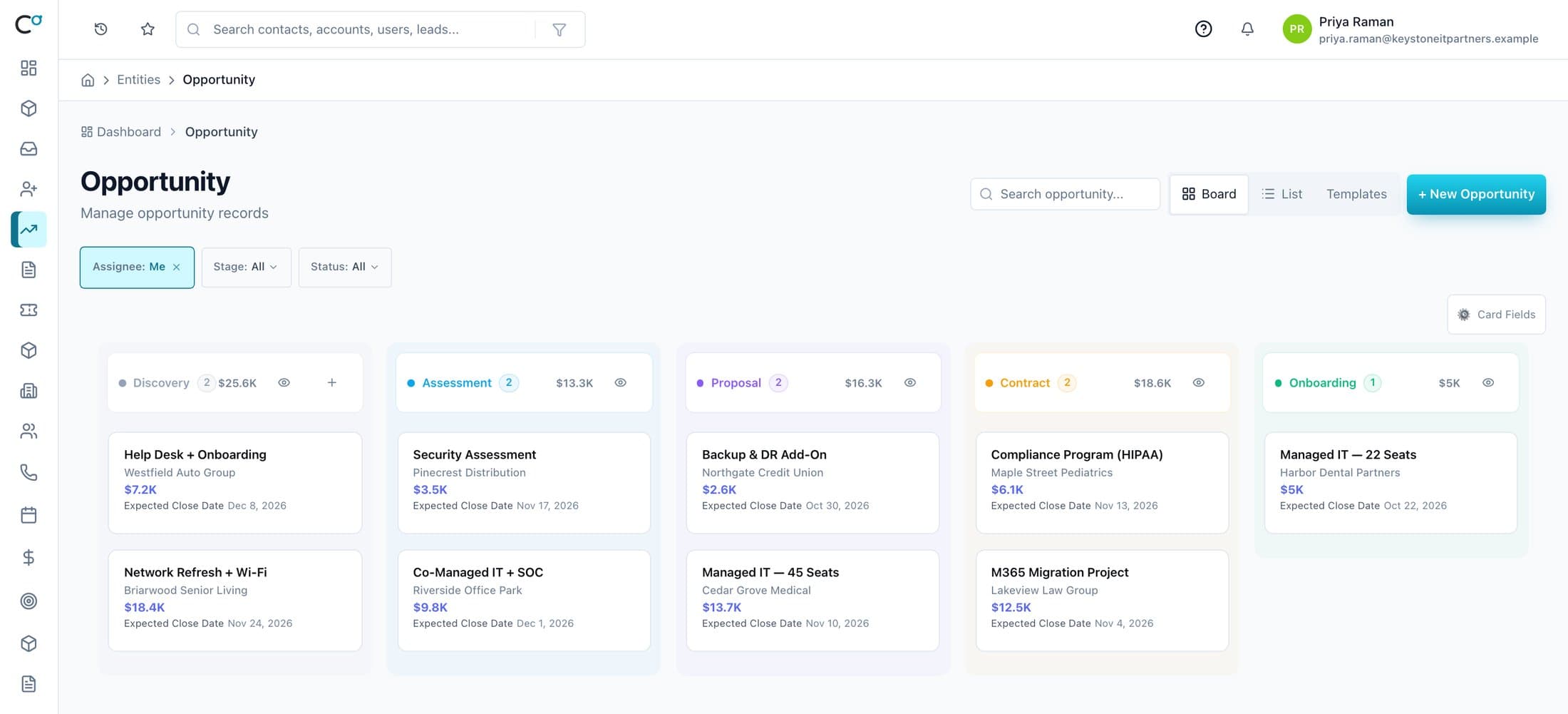 An MSP pipeline board: Discovery, Assessment, Proposal, Contract, Onboarding