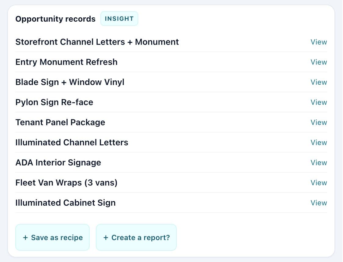 The AI assistant listing nine open sign deals, each with a View link to its record