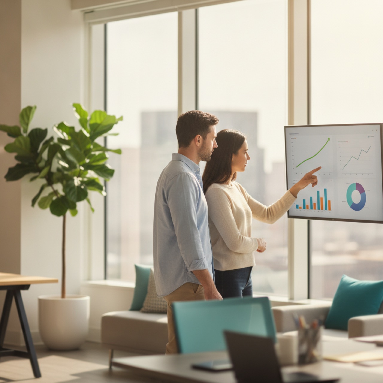 Two colleagues reviewing analytics dashboards and charts on a large screen