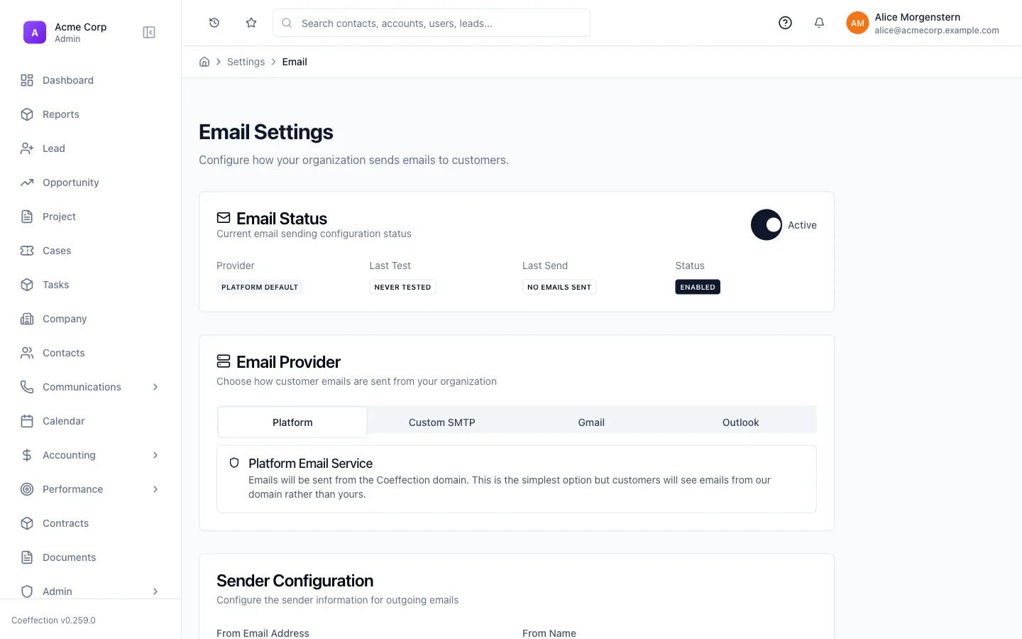 The Email Settings screen with the provider chooser — Platform, Custom SMTP, Gmail, Outlook — and the current sending status.
