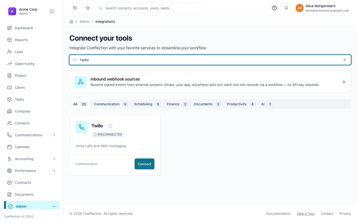 The Admin → Integrations page filtered to the Twilio card (voice calls and SMS messaging), disconnected, with a Connect button.