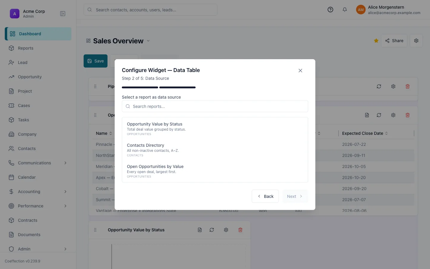 The widget configuration wizard's Data Source step, searching saved reports and selecting the one whose rows the widget should show.