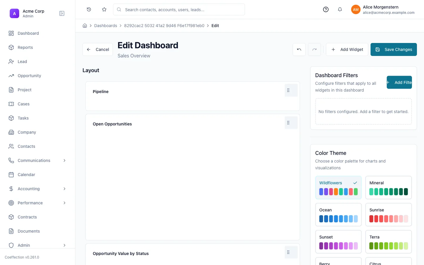 The dashboard in edit mode: a Layout panel listing each widget with a drag handle to reposition it, alongside Add Widget and Save Changes controls and Dashboard Filters and Color Theme panels.