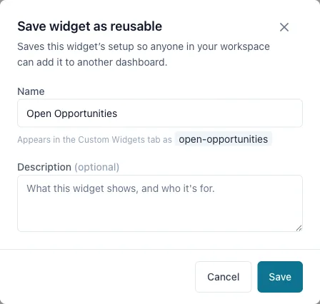 The "Save widget as reusable" dialog with a Name and Description field, noting the widget will appear in the workspace's Custom Widgets tab for reuse on any dashboard.