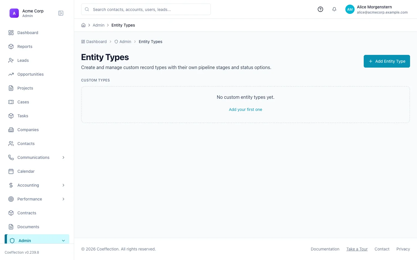 The Admin → Entity Types screen, where custom record types are created and managed.