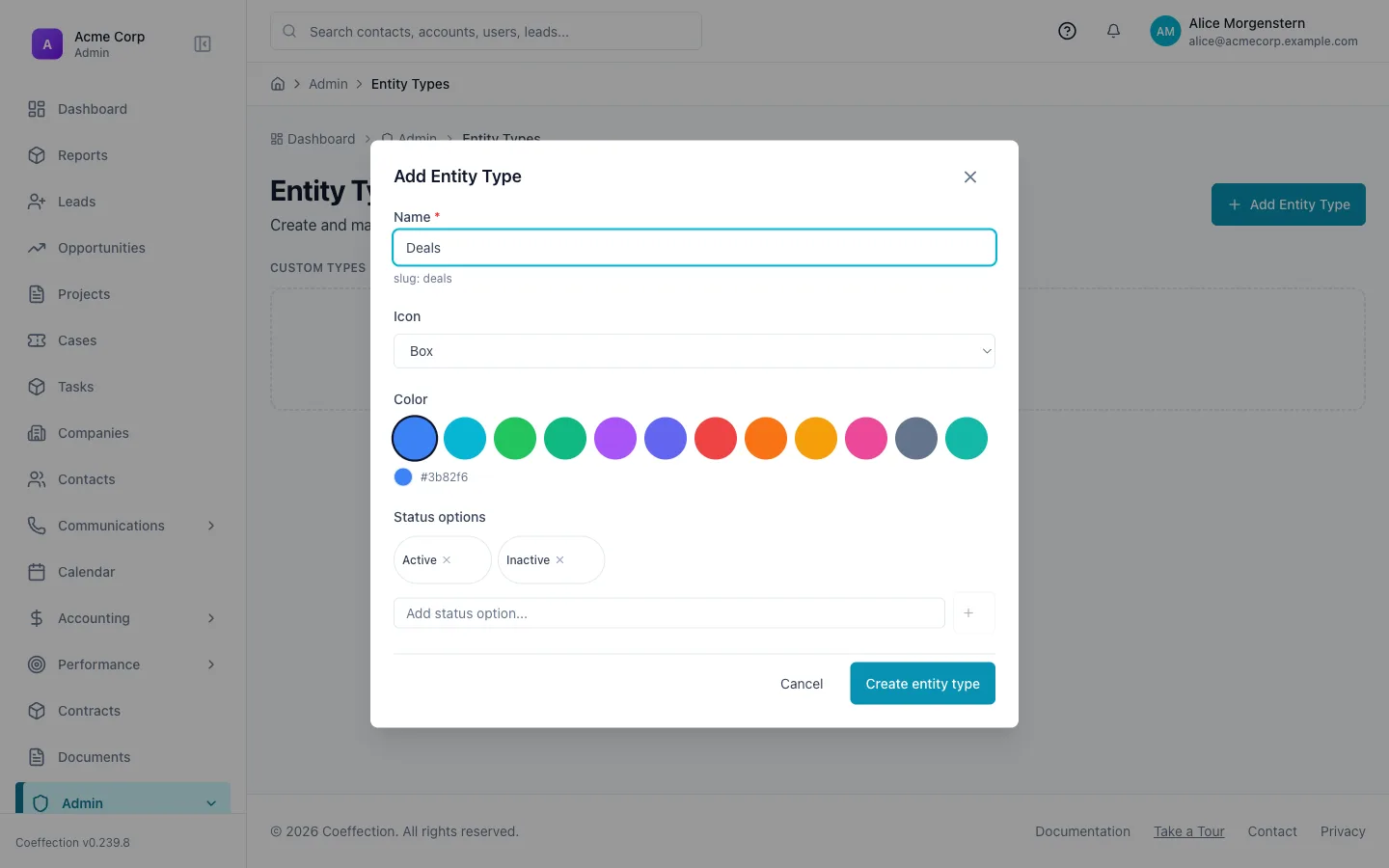The "Add Entity Type" dialog with the name set to Deals, plus icon, color, and status options.