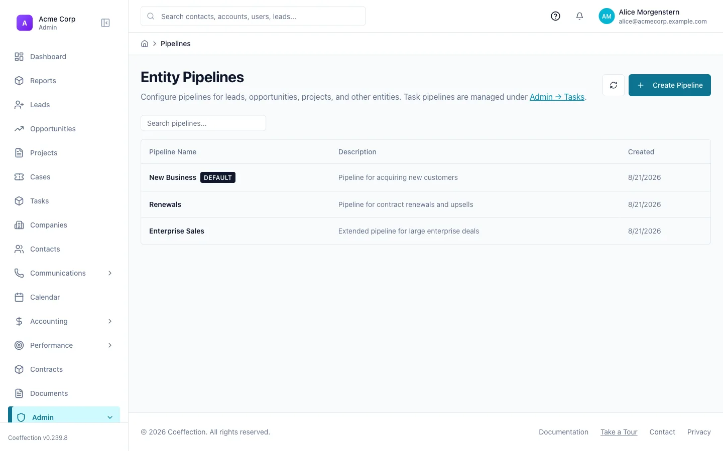 The Pipelines admin listing several pipelines, including a default New Business pipeline.
