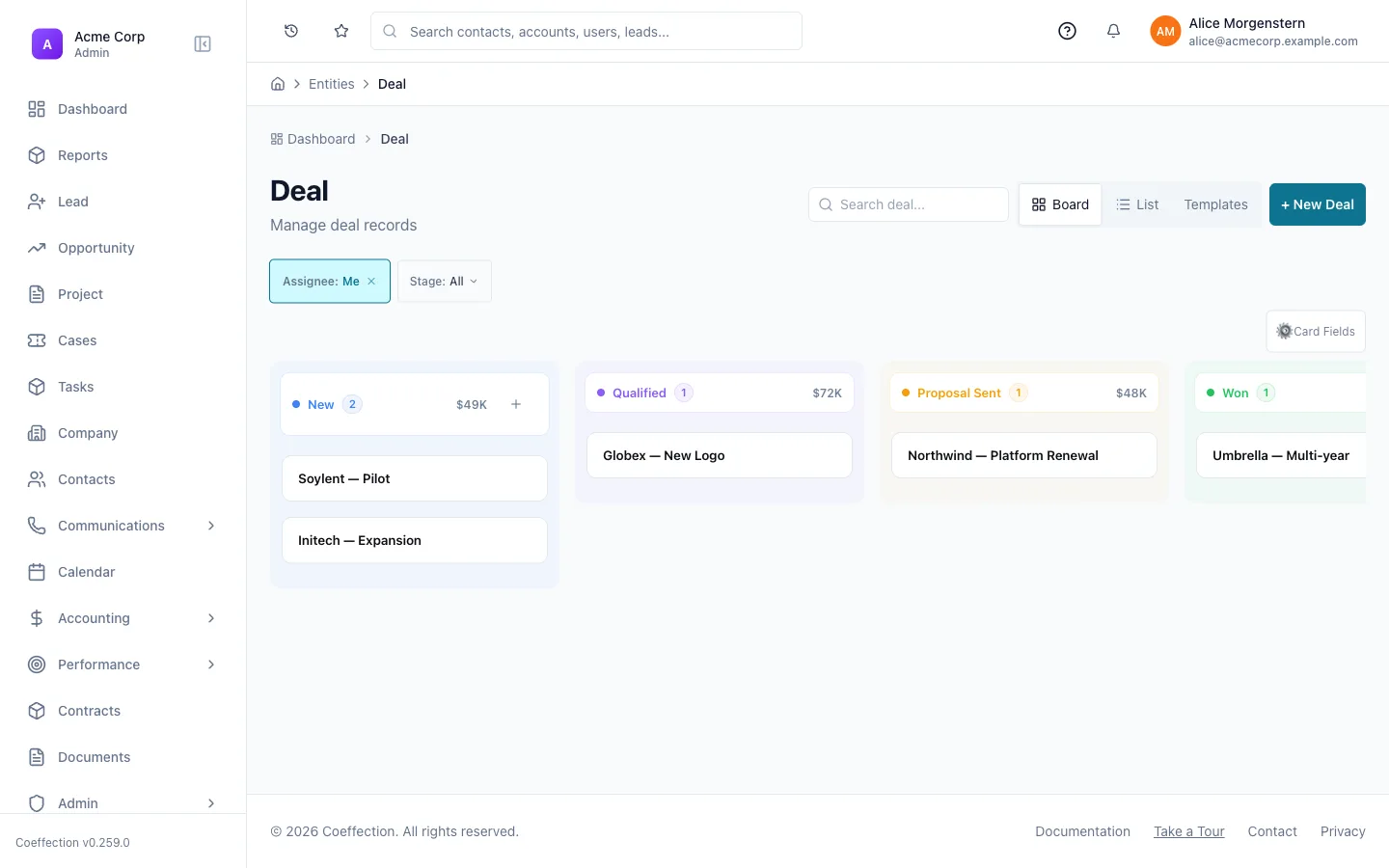 The Deals kanban board with deal cards spread across the New, Qualified, Proposal Sent, and Won columns, each column showing a count and dollar total.