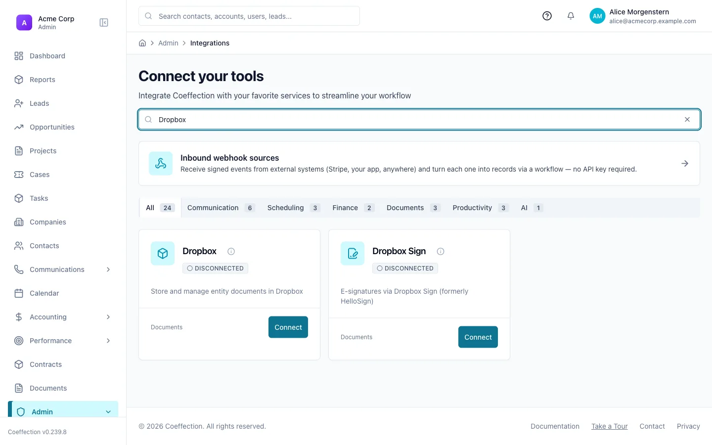 The Admin → Integrations catalog filtered to the Dropbox integration card, ready to connect.