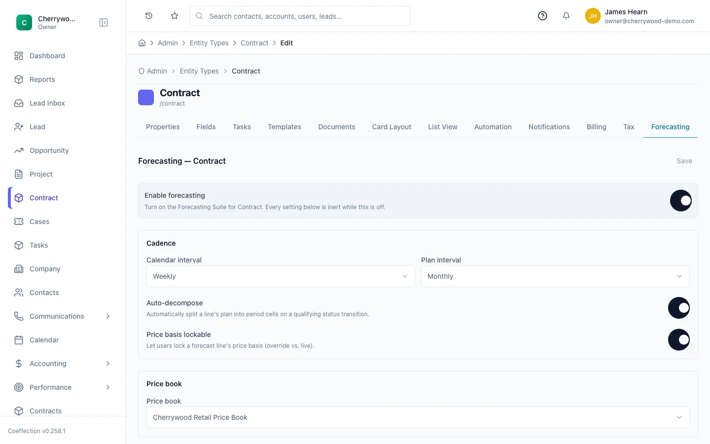 The Forecast tab in an entity type's admin settings: an enable toggle plus a mapping of pipeline stages to pending vs live.