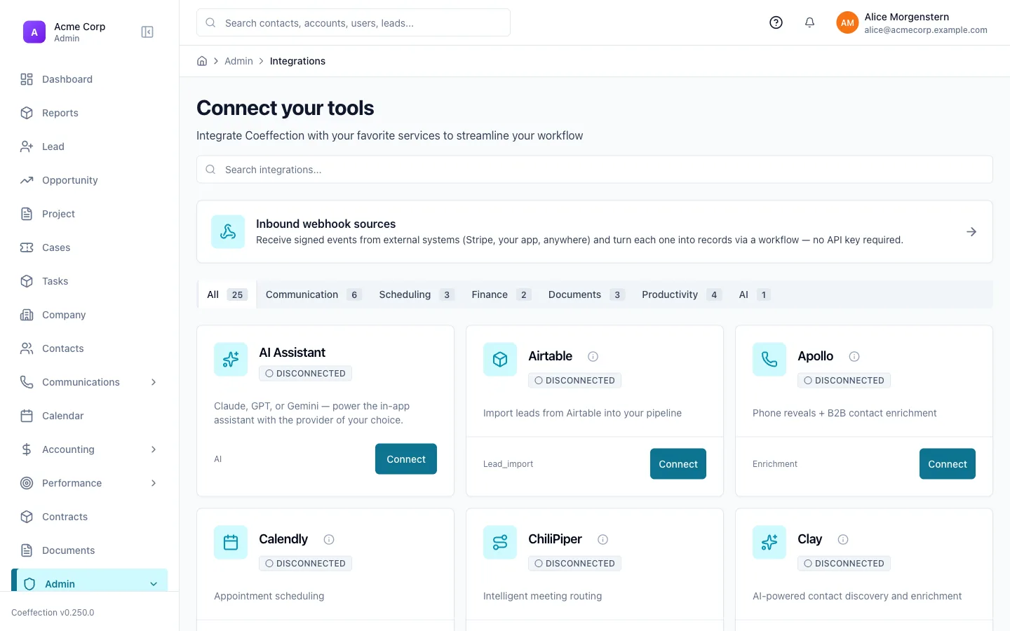 The Integrations directory ('Connect your tools') with an Inbound webhook sources banner and a searchable grid of connectable services.