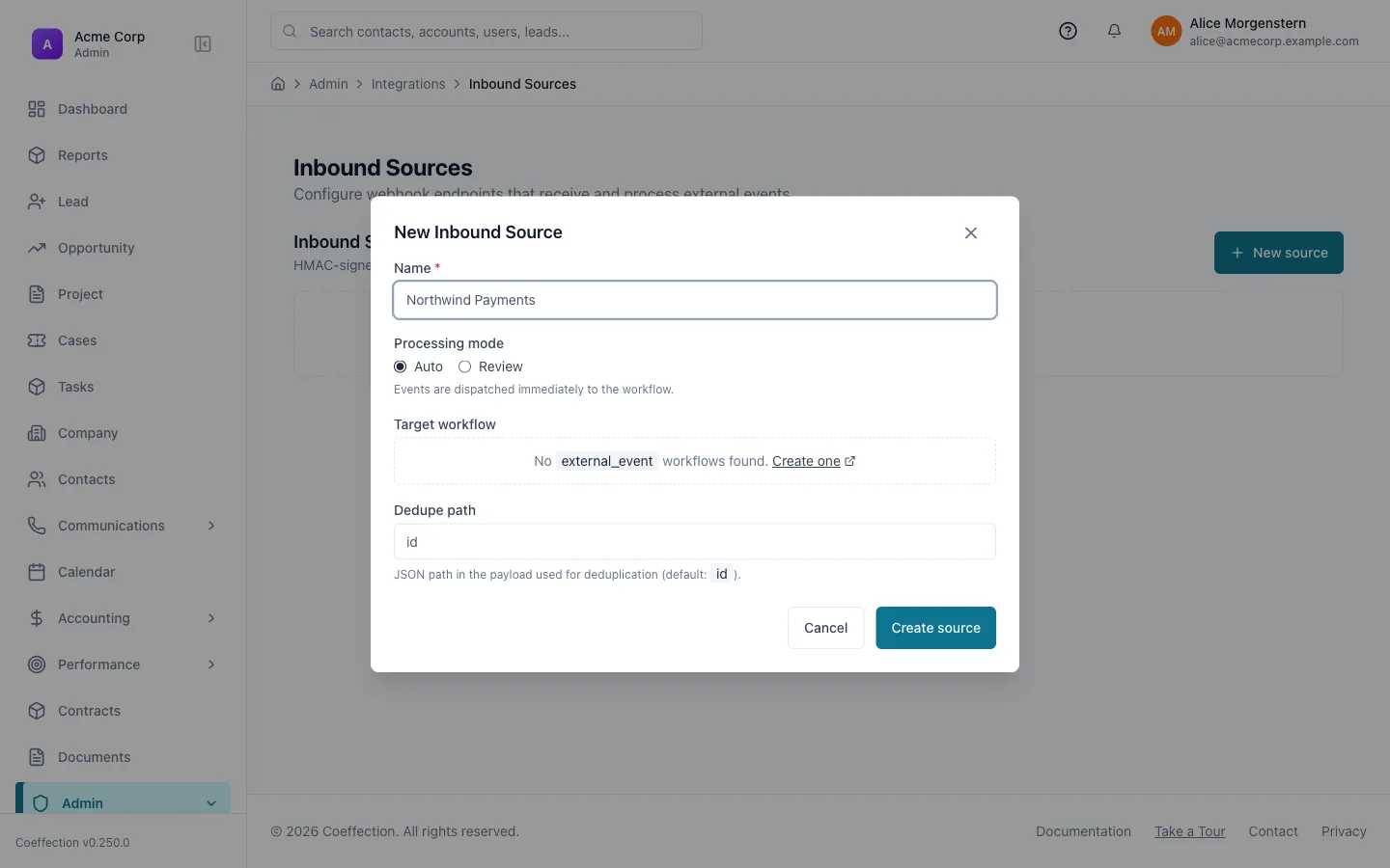 The 'New Inbound Source' dialog named 'Northwind Payments', showing the processing mode (Auto/Review), target workflow, and dedupe path fields.
