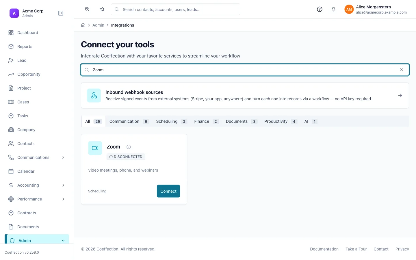 The Admin → Integrations page filtered to the Zoom card (video meetings, phone, and webinars), disconnected, with a Connect button.