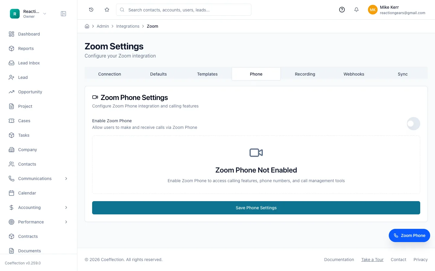The Zoom → Phone settings tab in Coeffection, with the Enable Zoom Phone toggle and calling-feature controls.