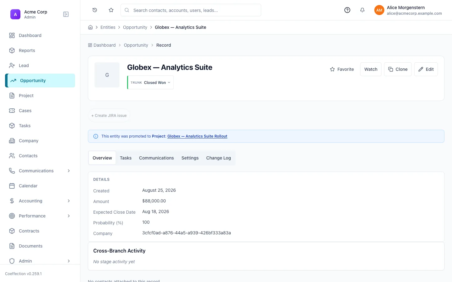 A promoted Opportunity record showing a banner — "This entity was promoted to Project" — with a clickable link to the new Project record.