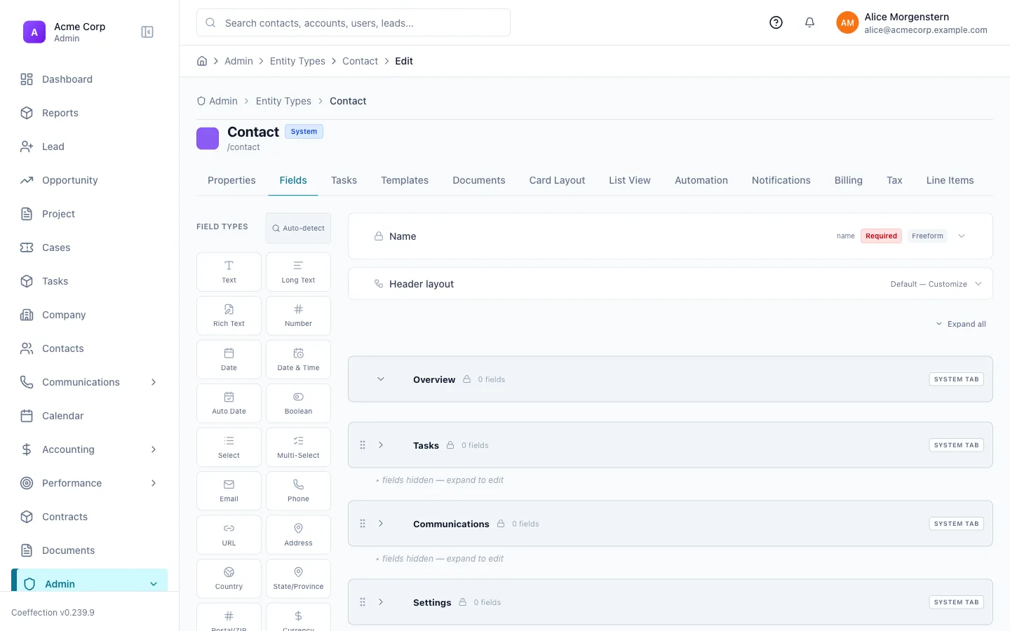 An entity type's Fields editor with the full field-type palette — Text, Number, Date, Currency, Select, Relationship, Fuzzy Match Relationship, Relationship Table, and more.