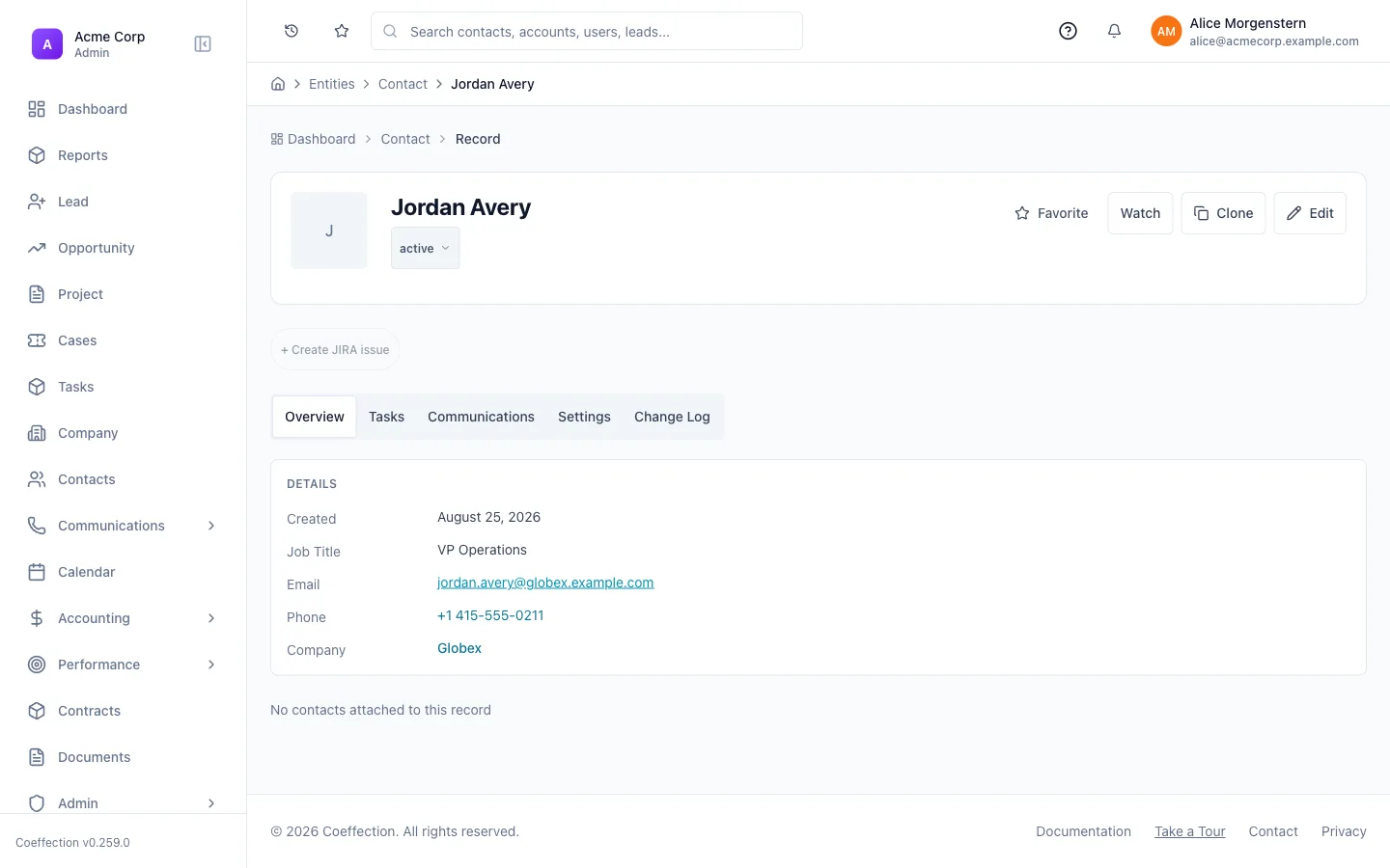 A Contact record whose Company relationship field links to Globex, shown as a clickable reference alongside the other details.