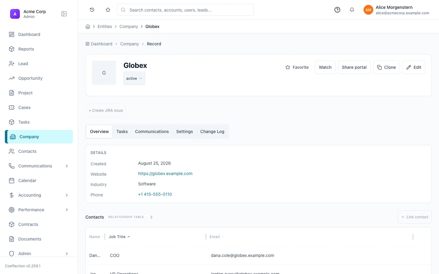 A Company record with a Contacts relationship-table field auto-listing every linked contact, each with job title and email.