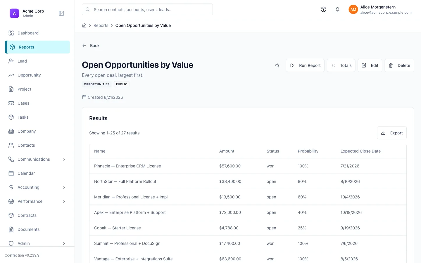 A saved report's results table showing the columns it was built with — Name, Amount, Status, Probability, and Expected Close Date — over real opportunity data.