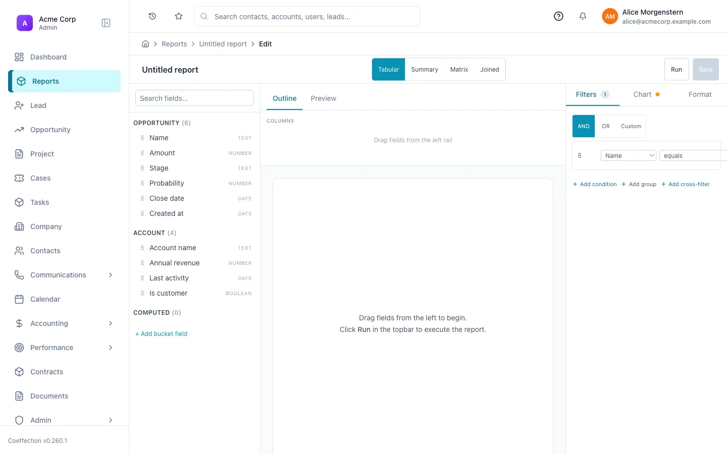 The report builder's Filters panel with a condition added (field, operator, value) and AND/OR grouping controls.
