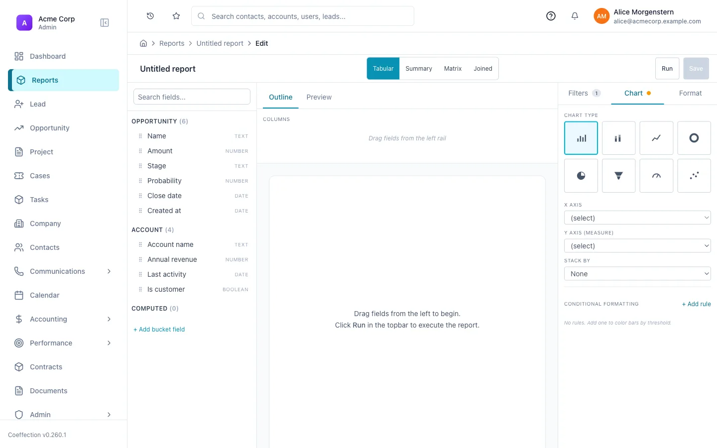 The report builder's Chart panel: a grid of visualization types (bar, line, pie, donut, funnel, gauge) plus X-axis, Y-axis measure, and Stack-by selectors.