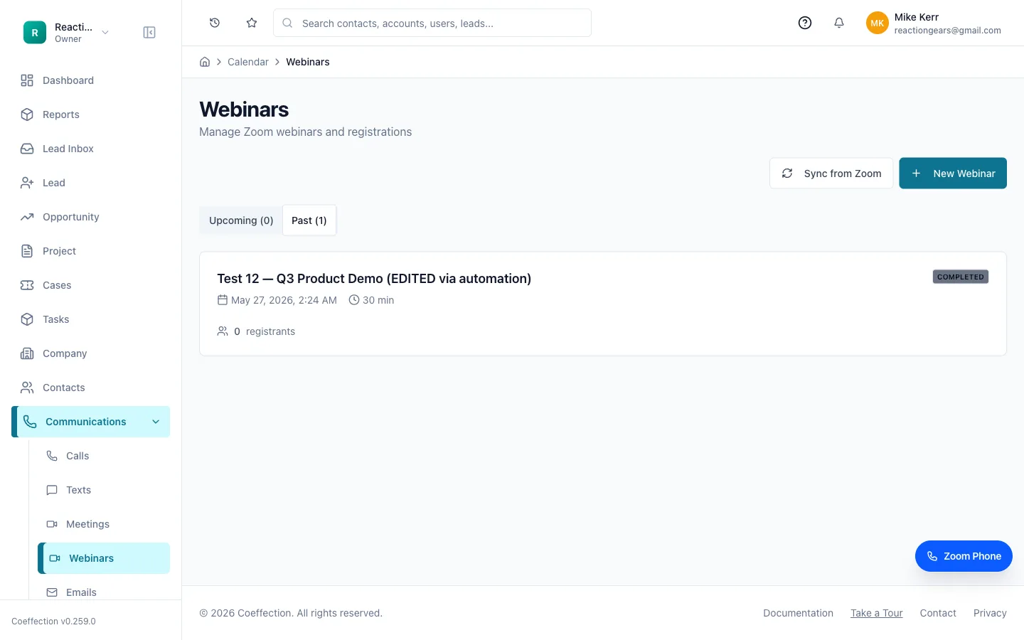 The Webinars list split into Upcoming and Past tabs, with a completed webinar card and a Sync from Zoom button.