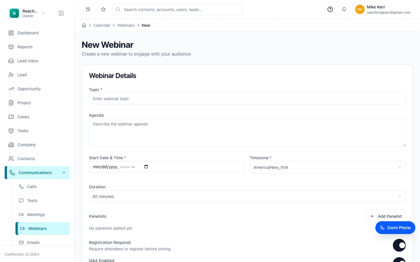 The New Webinar form: topic, agenda, start date and time, timezone, duration, panelists, plus registration and Q&A toggles.