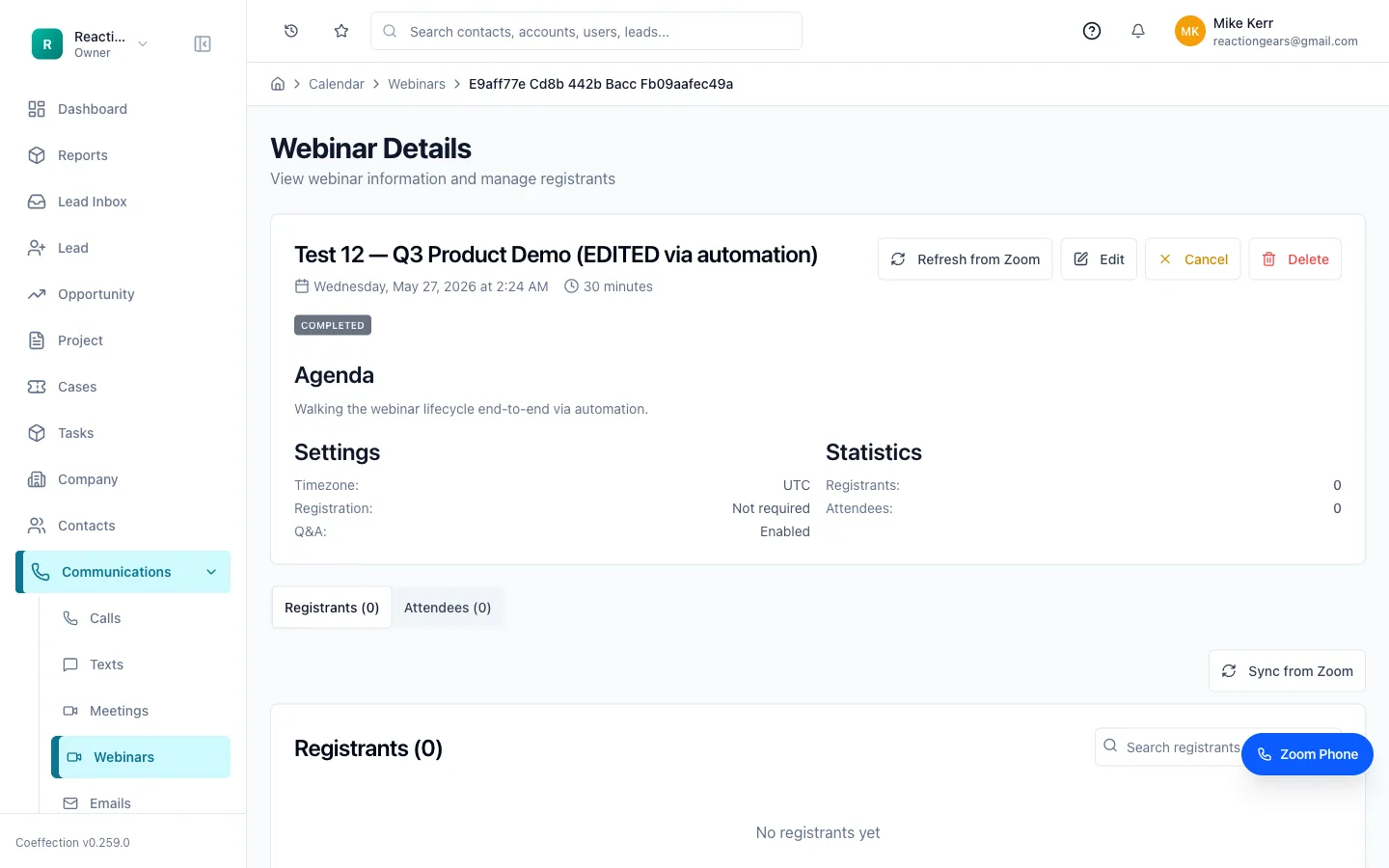 A webinar detail page showing its agenda, settings, registrant and attendee counts, and Registrants / Attendees tabs.